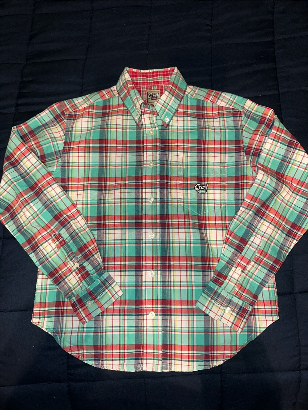 Cruel Girl Plaid Button-Down Shirt in Teal and Red